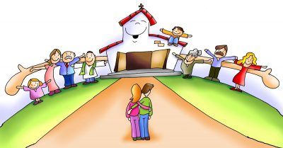 Imagen de una iglesia con las puertas abiertas y varias personas también con los brazos abiertos.